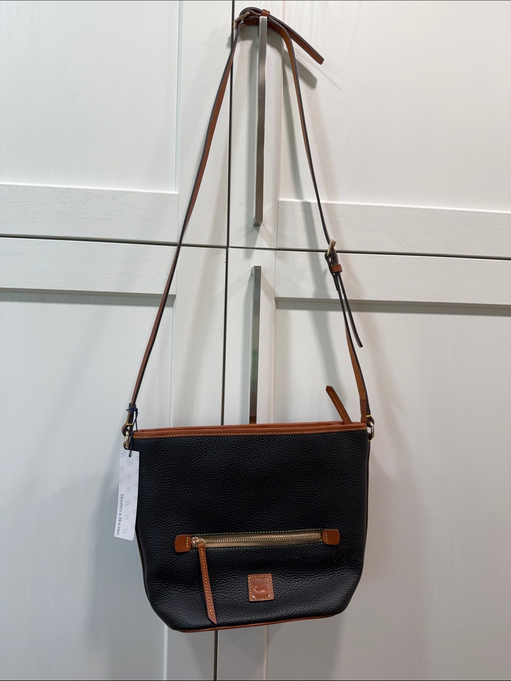 Dooney & Bourke Black Pebble Leather Crossbody with Brown Trim and Gold Hardware